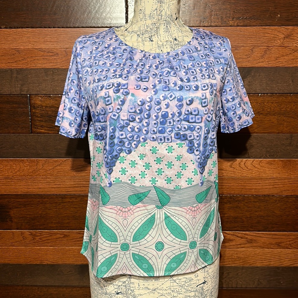 No Brand Tag Scoop Neck Short Sleeve Geometric Pattern Blouse